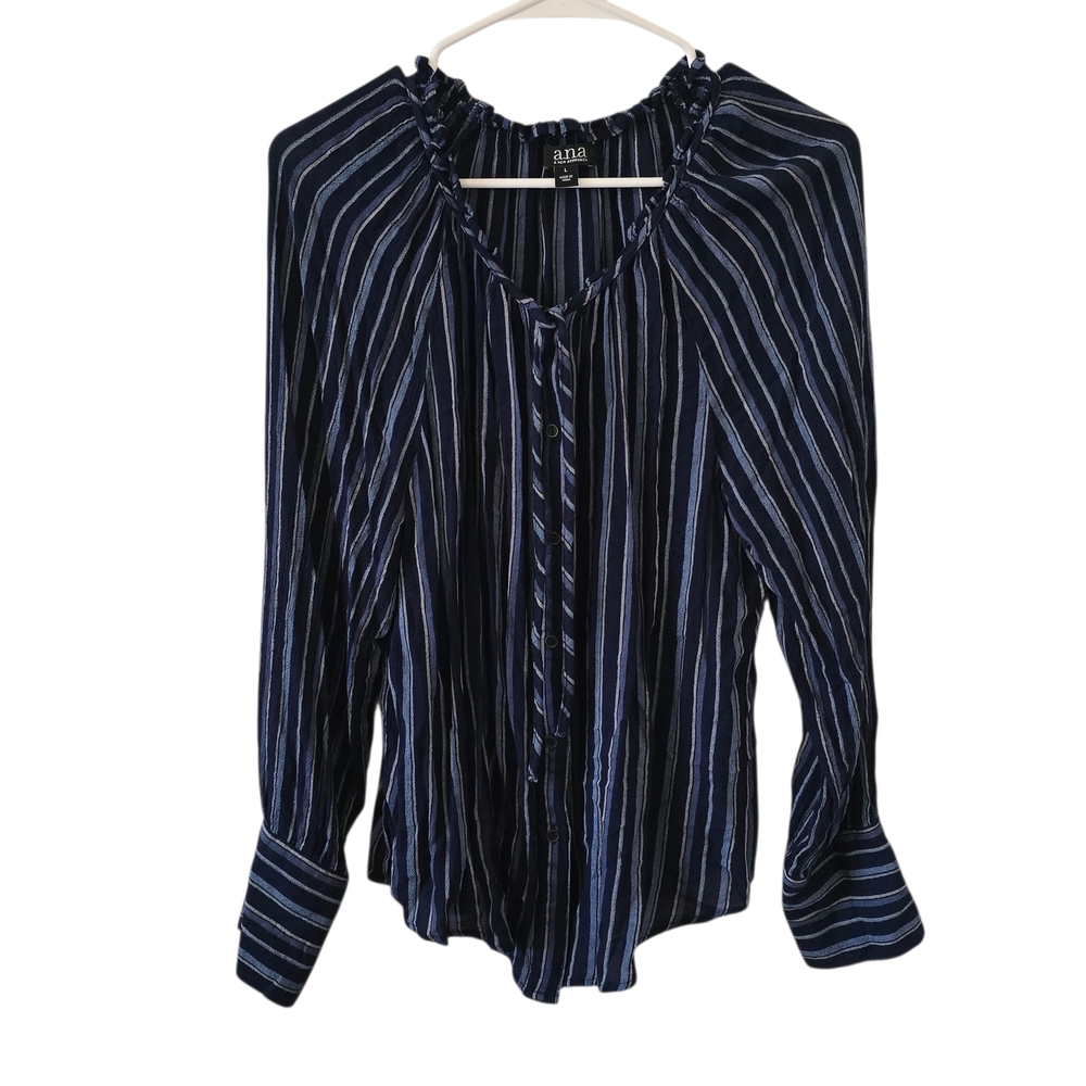 A.n.a Large Navy Blue Striped Women's Top Blouse